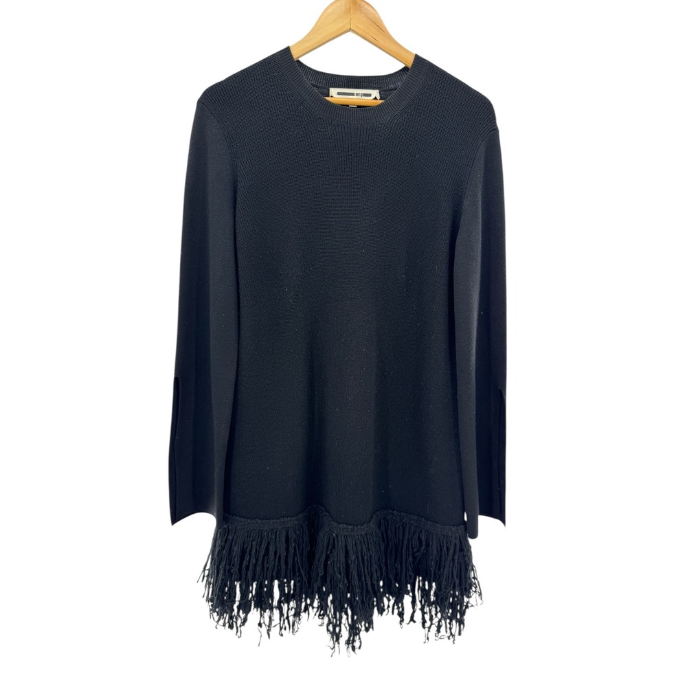 McQ 2016 Black Wool Blend Long Sleeve Knit Sweater Dress w/ Fringe Hem sz S